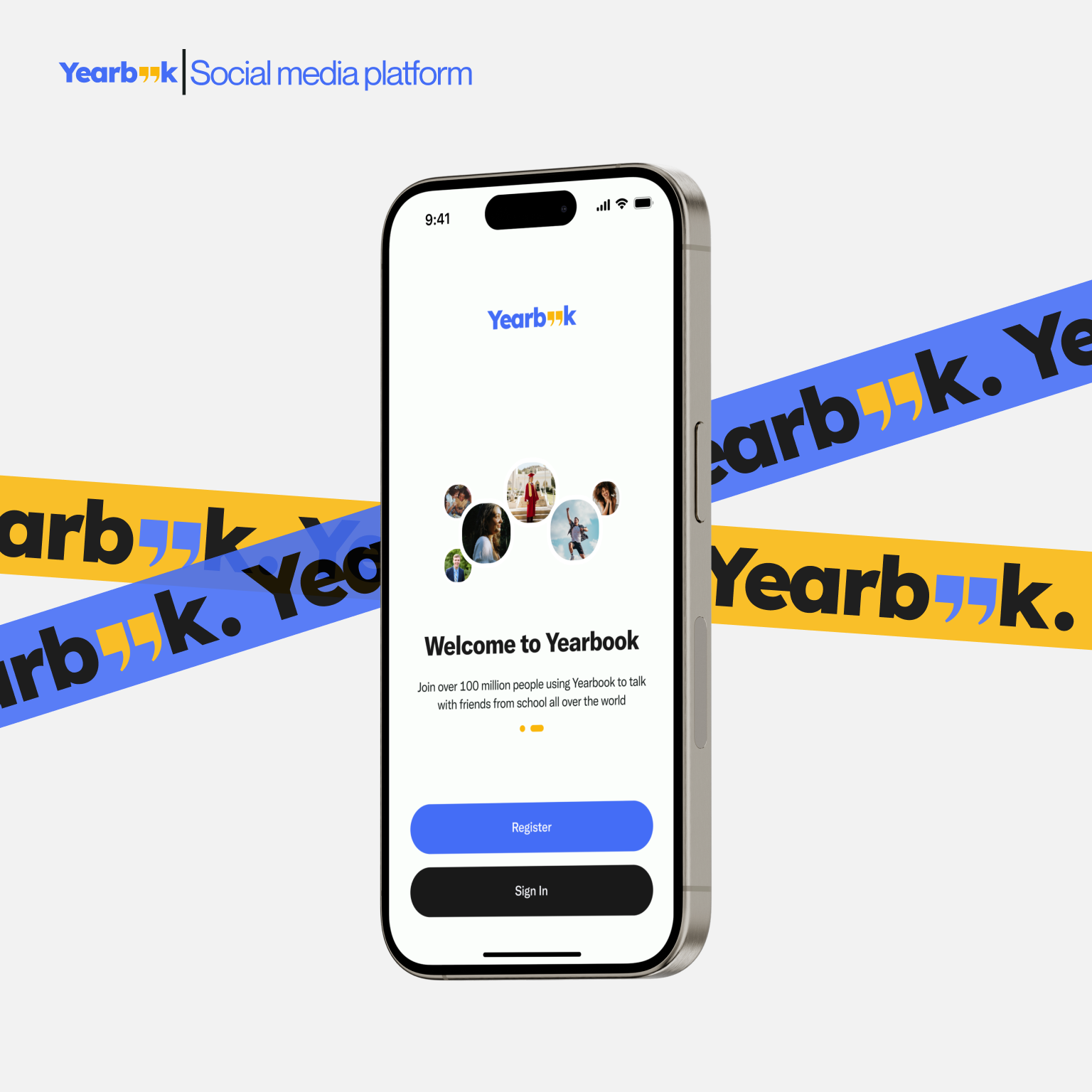 Yearbook — social platform screens and brand identity for school communities